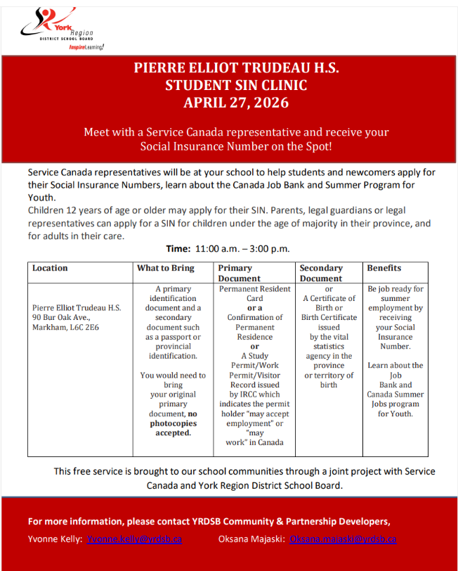 SIN and Student Employment Clinic held at Pierre Elliot Trudeau H.S. on April 27, 2026