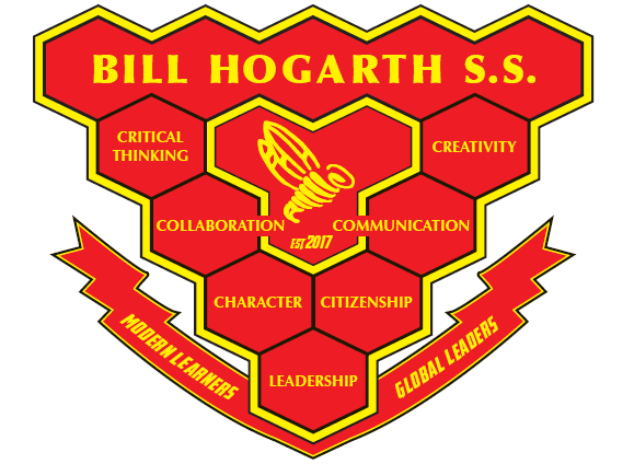 Decorative image in red with honeycomb shape, with words Bill Hogarth SS. Shapes surround hornet logo and list the 6Cs and leadership